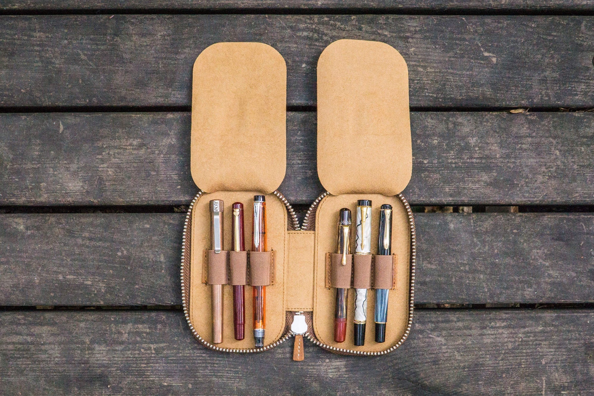 Leather Zippered 6 Slots Pen Case - Crazy Horse Brown - Galen Leather