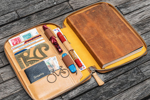 Handmade Crazy Horse Honey Ochre Leather Zippered B6 / B6 Slim Planner & Notebook Folio - Galen Leather