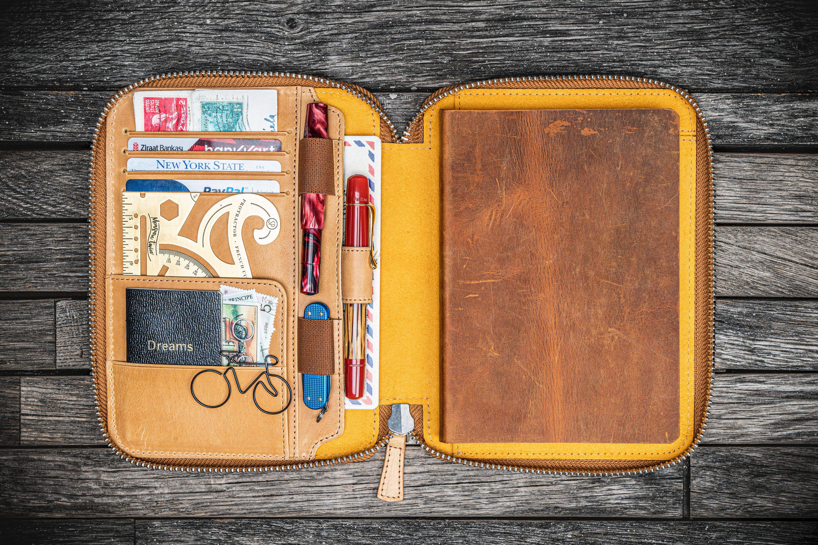 Handmade Crazy Horse Honey Ochre Leather Zippered B6 / B6 Slim Planner & Notebook Folio - Galen Leather