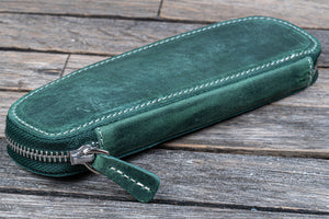 Leather Zippered Duo Slim Pen Case for 2 Pens - Crazy Horse Forest Green-Galen Leather