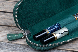 Leather Zippered Duo Slim Pen Case for 2 Pens - Crazy Horse Forest Green-Galen Leather