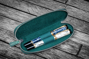 Leather Zippered Duo Slim Pen Case for 2 Pens - Crazy Horse Forest Green-Galen Leather