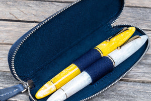 Leather Zippered Duo Slim Pen Case for 2 Pens - Crazy Horse Navy Blue-Galen Leather