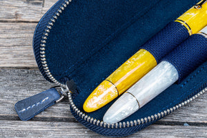 Leather Zippered Duo Slim Pen Case for 2 Pens - Crazy Horse Navy Blue-Galen Leather