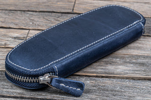 Leather Zippered Duo Slim Pen Case for 2 Pens - Crazy Horse Navy Blue-Galen Leather