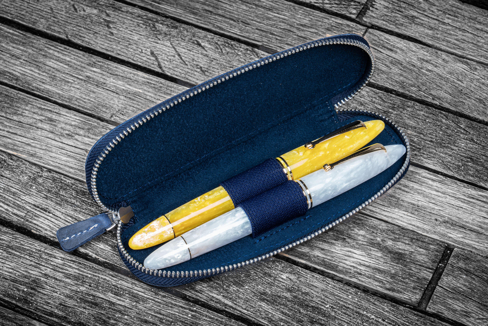 Leather Zippered Duo Slim Pen Case for 2 Pens - Crazy Horse Navy Blue-Galen Leather