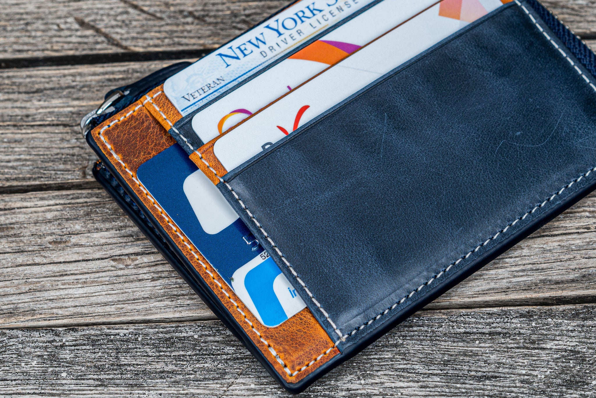 Navy Blue Leather Zippered Mega Mini Wallet with Silk Lining - Galen - Galen Leather