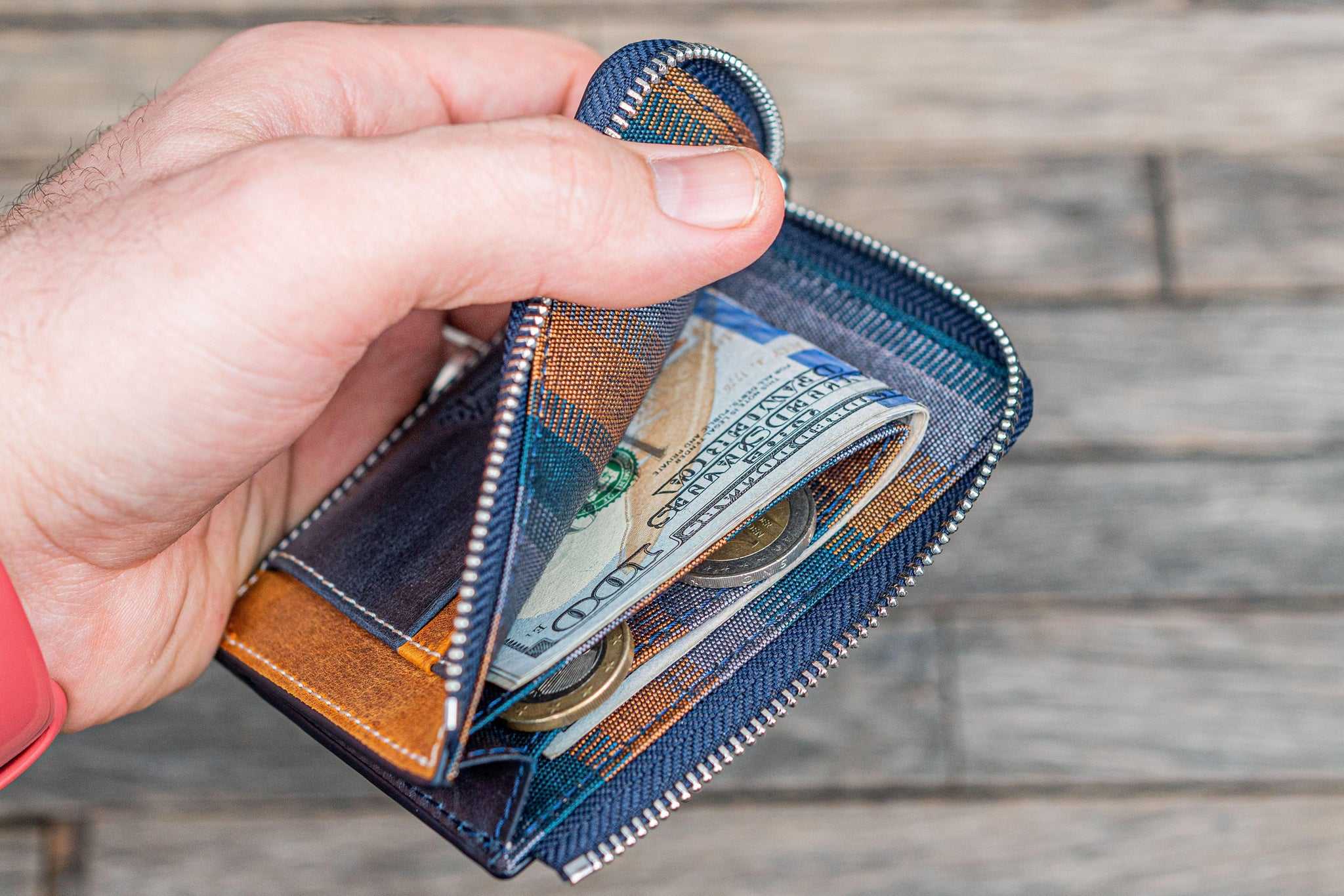 Navy Blue Leather Zippered Mega Mini Wallet with Silk Lining