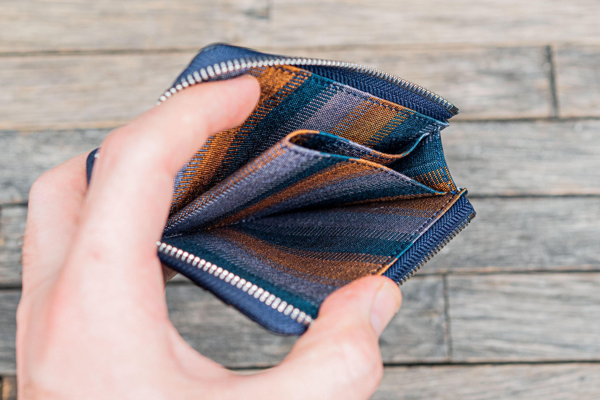 Navy Blue Leather Zippered Mega Mini Wallet with Silk Lining