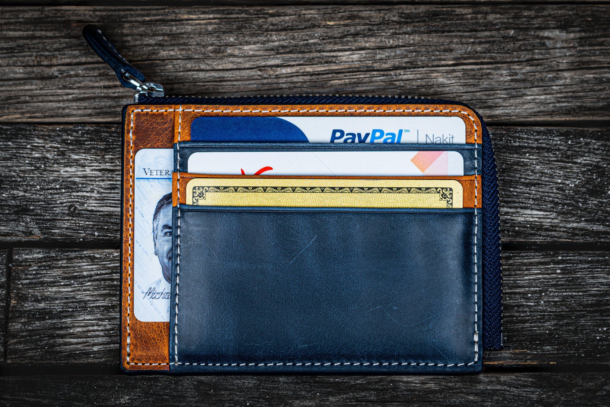 Leather Zippered Mega Mini Wallet - Crazy Horse Brown / Navy Blue Multi Color-Galen Leather