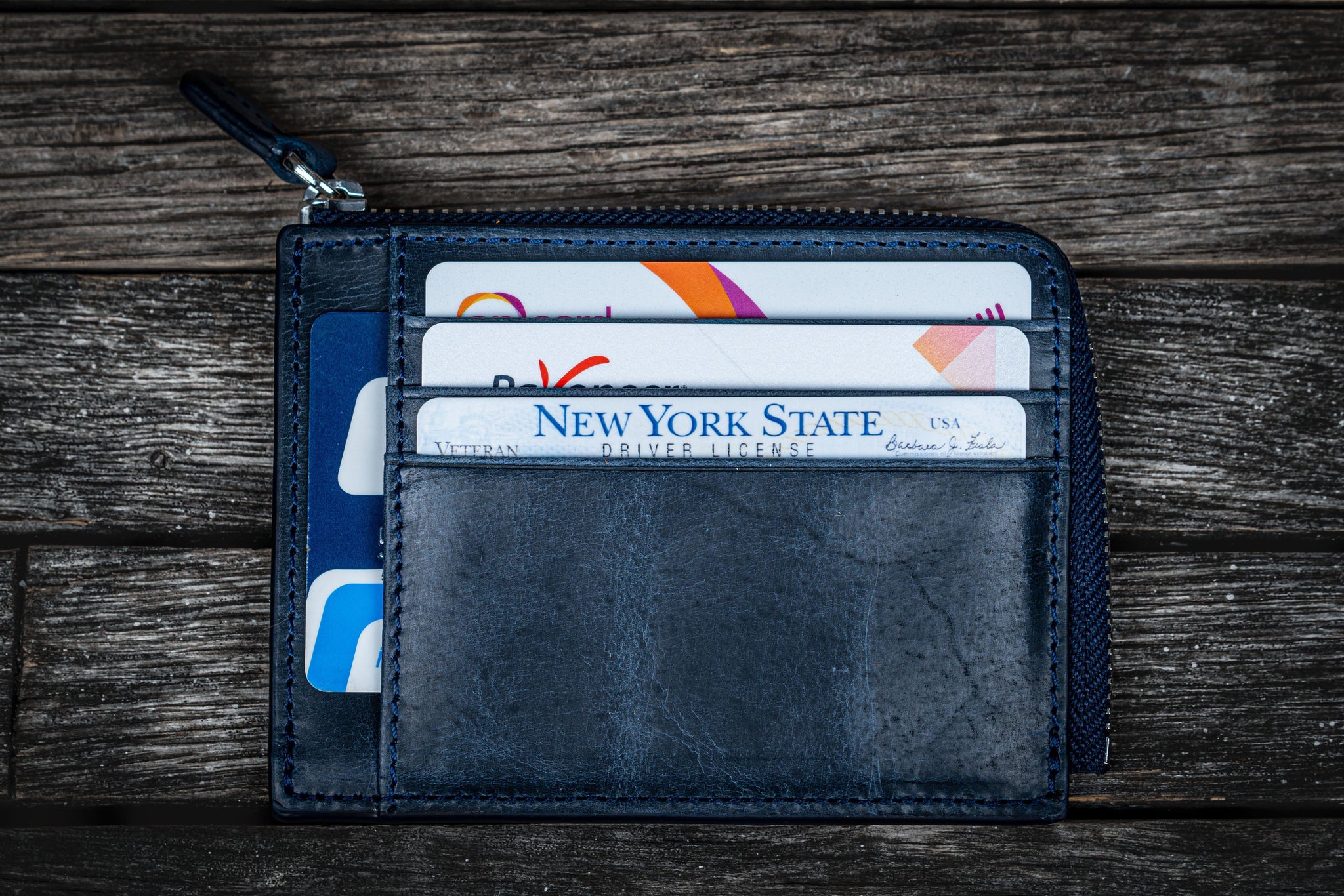 Leather Zippered Mega Mini Wallet - Crazy Horse Navy Blue | Galen