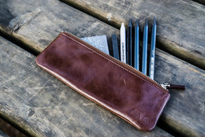 Leather Zippered Small Pencil Pouch/Cosmetic Case - Brown-Galen Leather