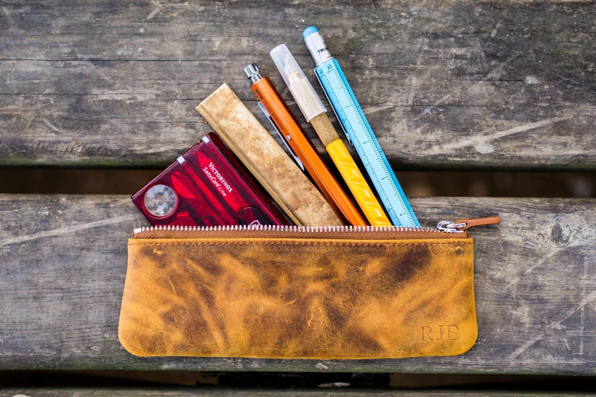 Leather Zippered Small Pencil Pouch/Cosmetic Case - Crazy Horse