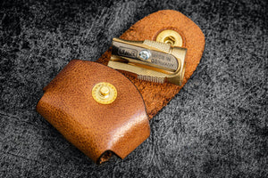 M+R Brass Pencil Sharpener - With Leather Case-Galen Leather