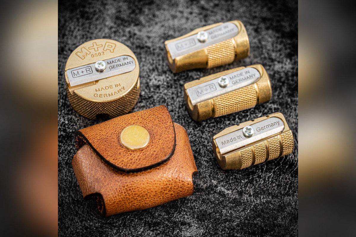 M+R Brass Pencil Sharpeners With Leather Case Galen Leather
