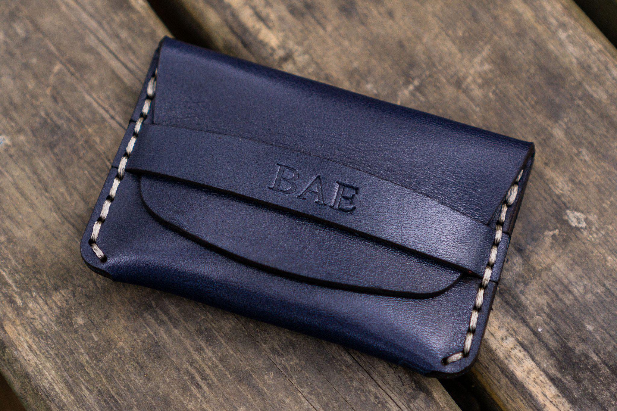 Handmade Leather Card Holder - The Finnigan Wallet Olive / Navy