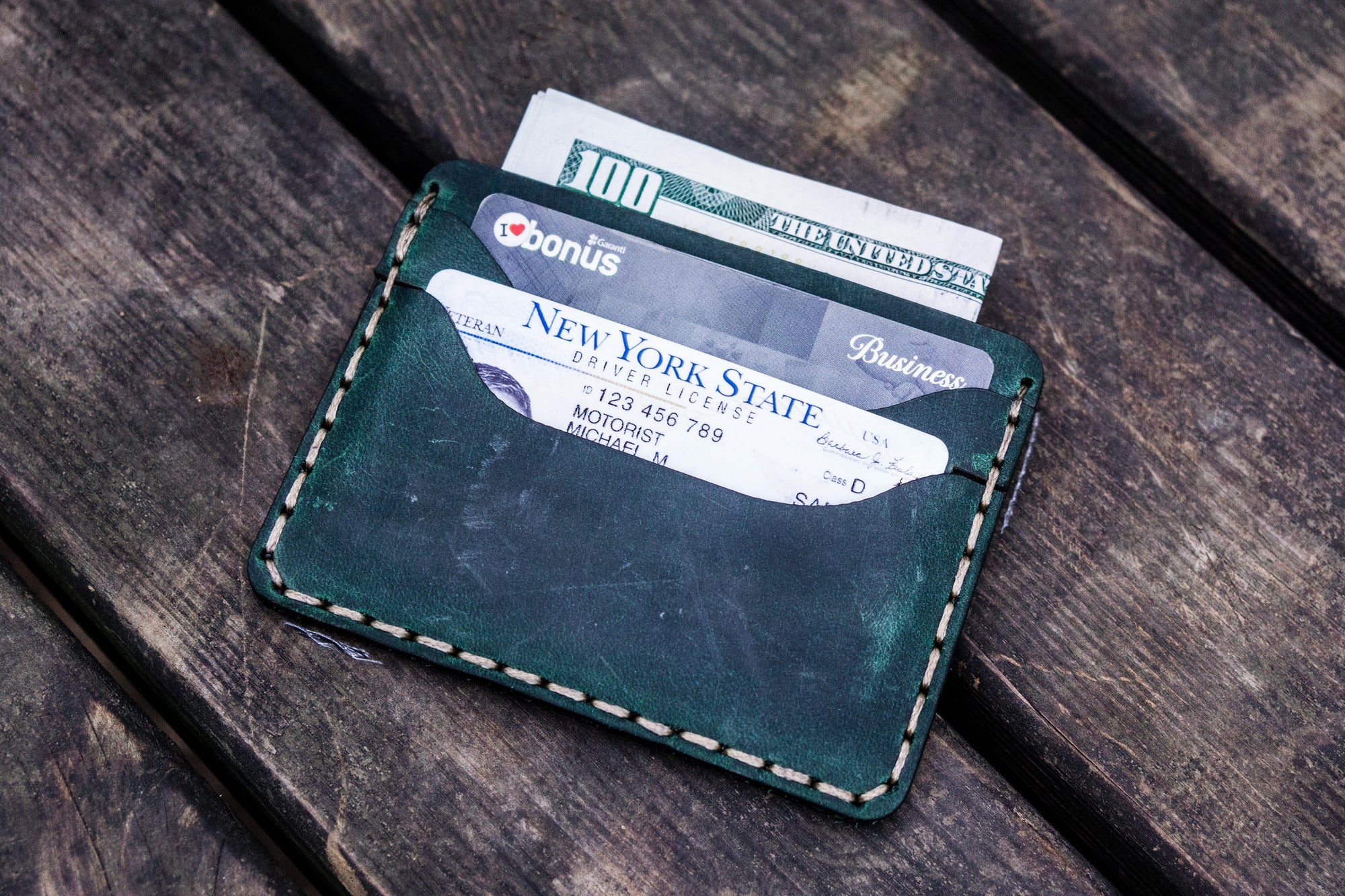 No.40 Handmade Leather Slim Card Wallet - Crazy Horse Forest Green-Galen Leather