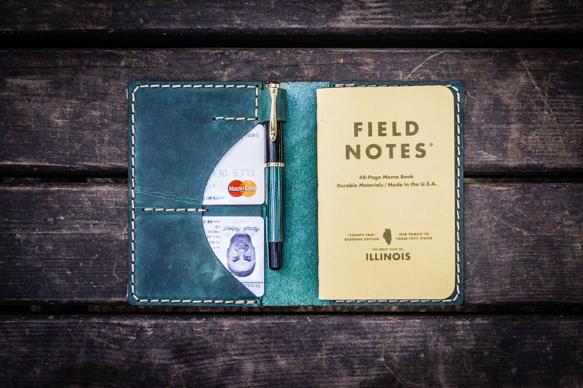 No.44 Personalized Leather Field Notes Cover - Crazy Horse Forest Green-Galen Leather