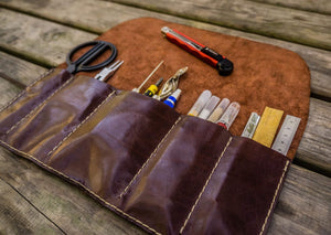 Personalized Leather Pen Roll - Brown-Galen Leather