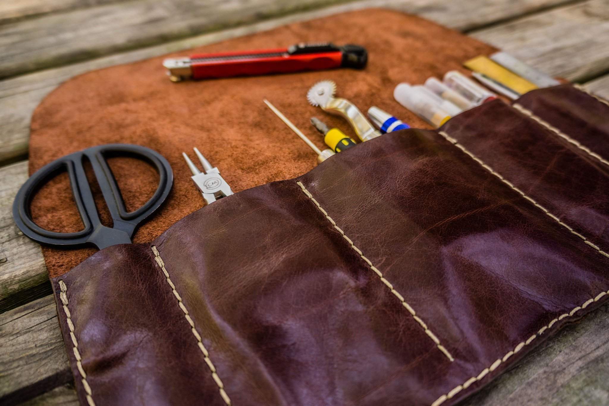 Personalized Leather Pen Roll - Brown