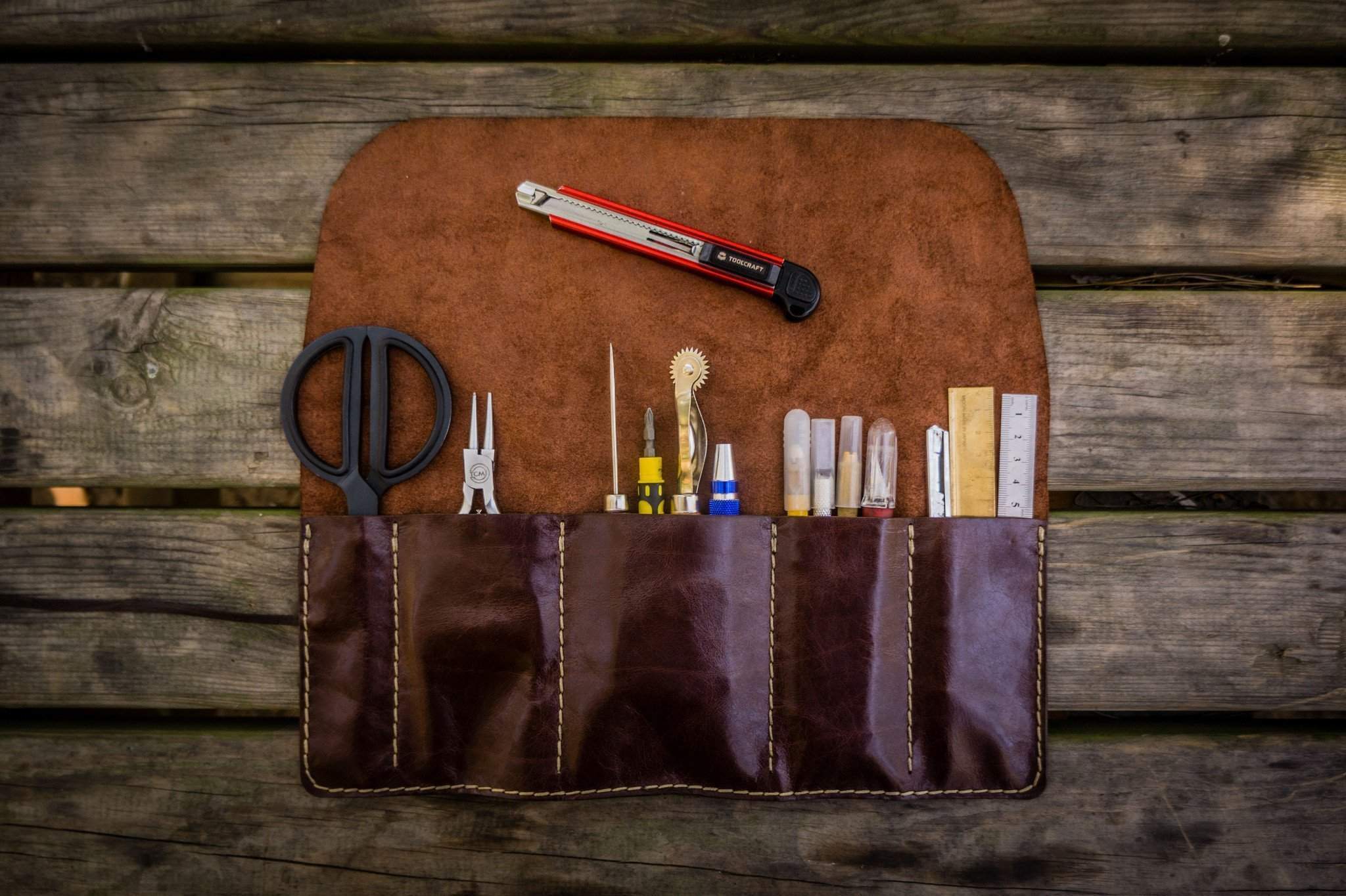 Rustic Ridge Leather Rustic Genuine Leather Pencil Roll - Pen and Pencil Case - Dark Brown