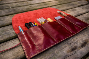 Personalized Leather Pen Roll - Red-Galen Leather