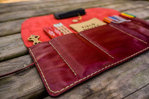 Handmade Leather Pen Roll - Red - Galen Leather