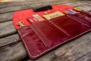 Personalized Leather Pen Roll - Red-Galen Leather