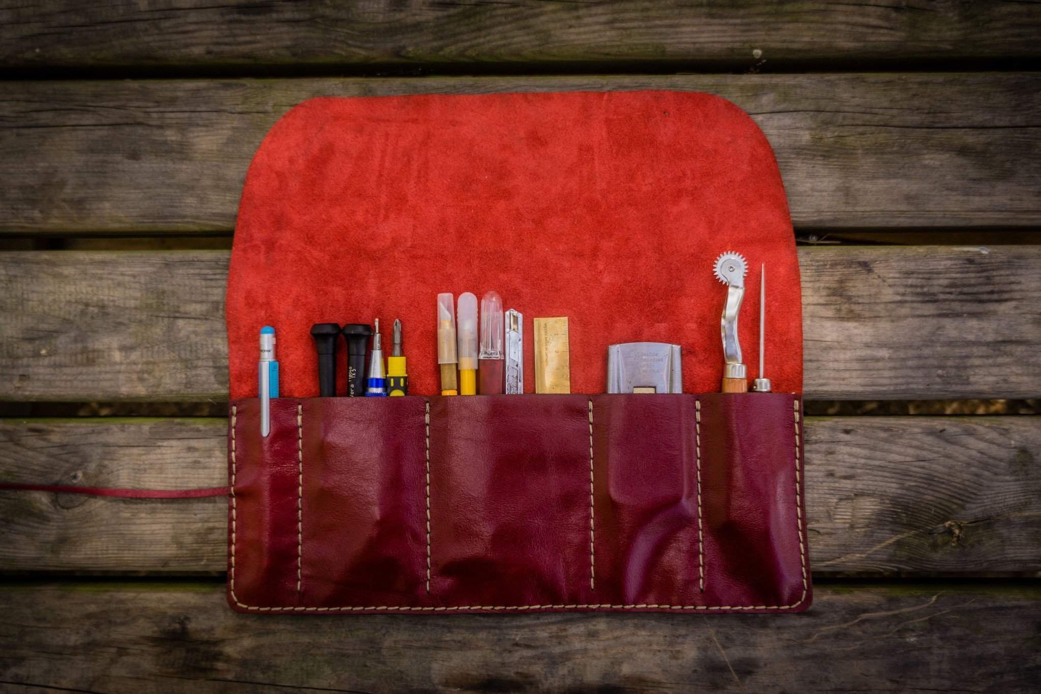 Handmade Leather Pen Roll - Red - Galen Leather