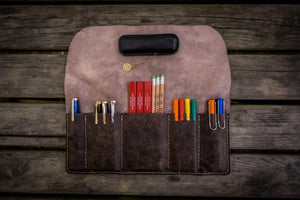 Personalized Leather Pen Roll - Rustic Dark Brown-Galen Leather