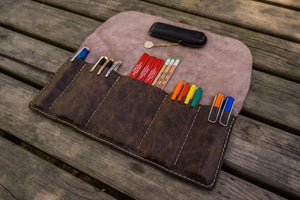 Personalized Leather Pen Roll - Rustic Dark Brown-Galen Leather