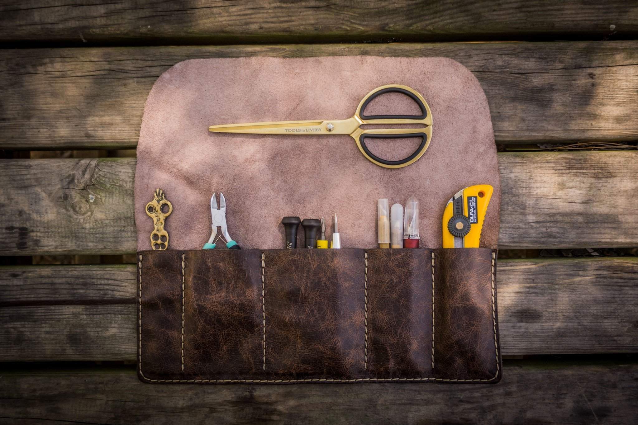 Personalized Leather Pen Roll - Brown