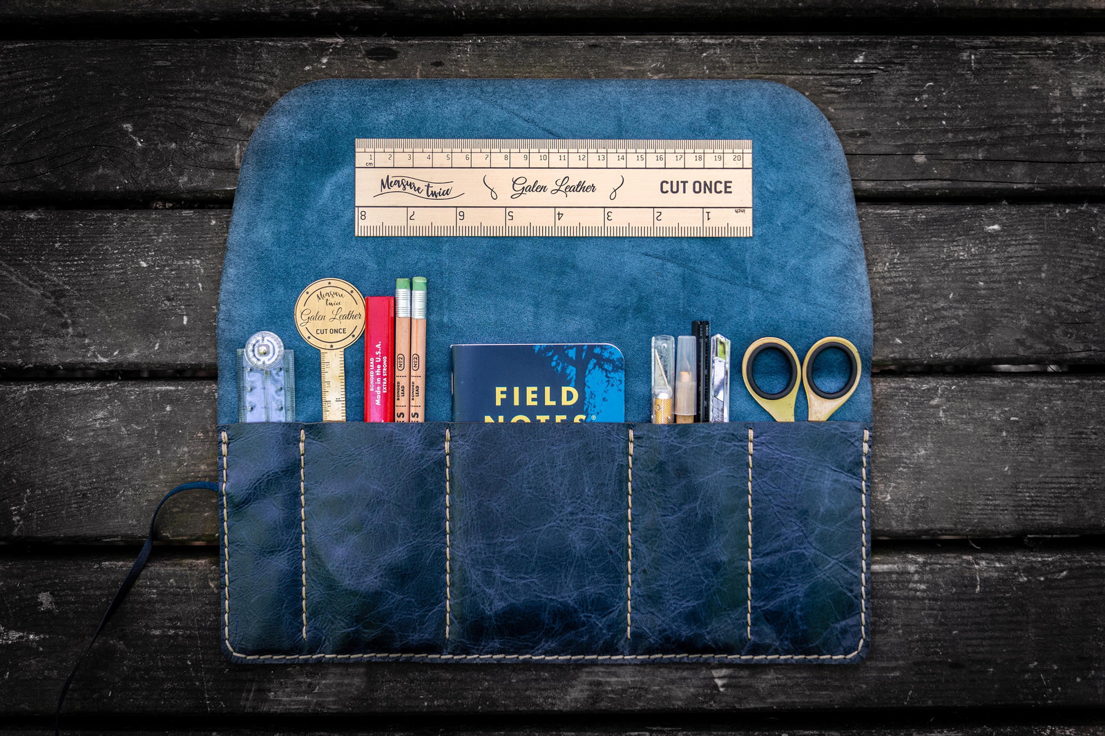 Personalized Leather Pen Roll - Rustic Navy-Galen Leather