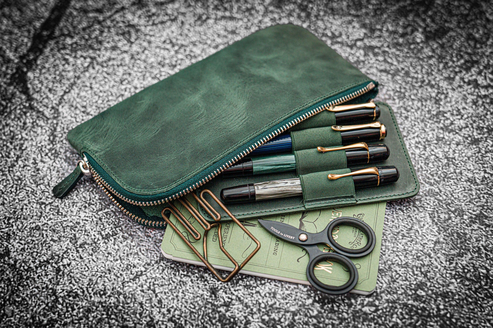 Slip-N-Zip 4 Slots Zippered Pen Pouch - Crazy Horse Forest Green-Galen Leather