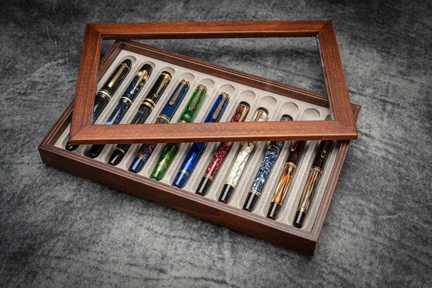 Wood Pen Display Case w/ Clear Lid - Holds 11 Pens | Galen Leather
