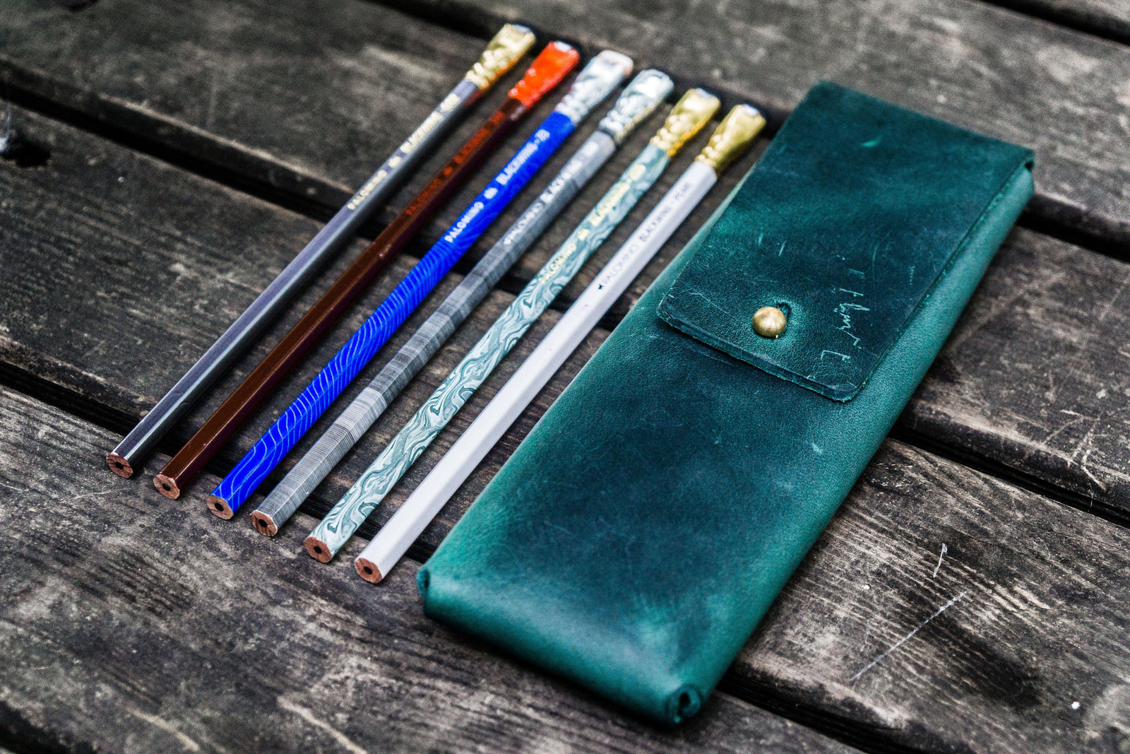 The Charcoal Leather Pencil Case for Blackwing Pencils - Crazy Horse Forest Green-Galen Leather