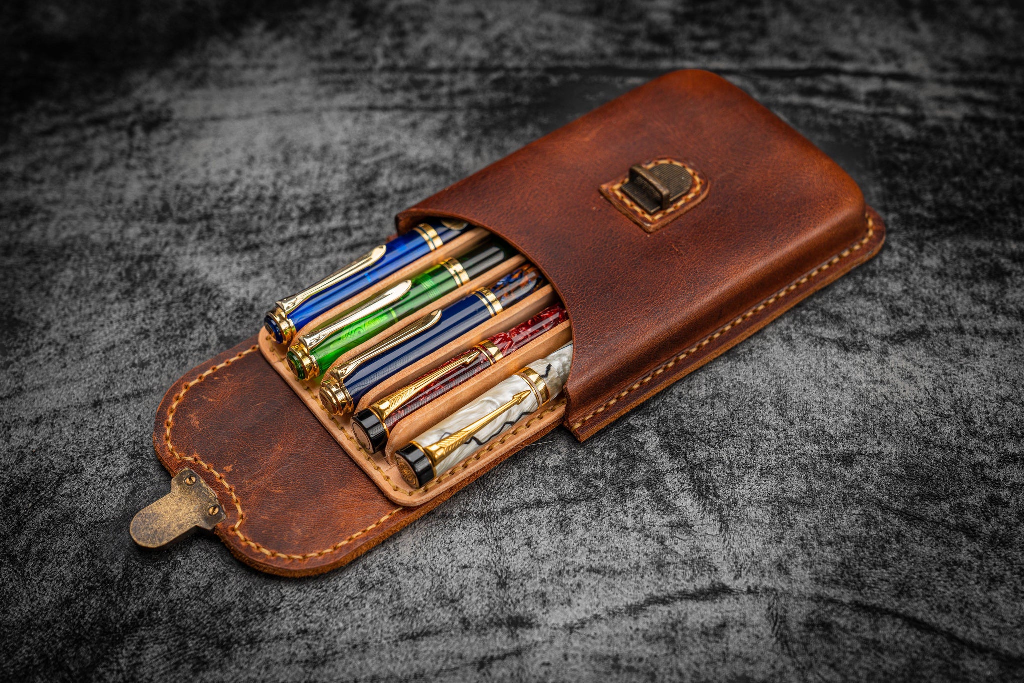 Galen Leather Flap Pen Case for 5 Pens Undyed