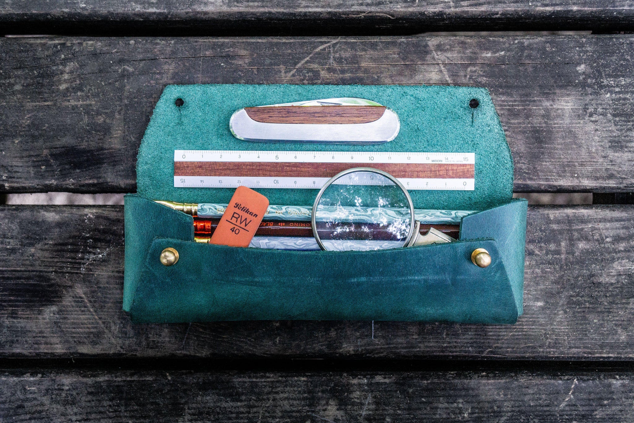 The Student Leather Pencil Case - Crazy Horse Forest Green