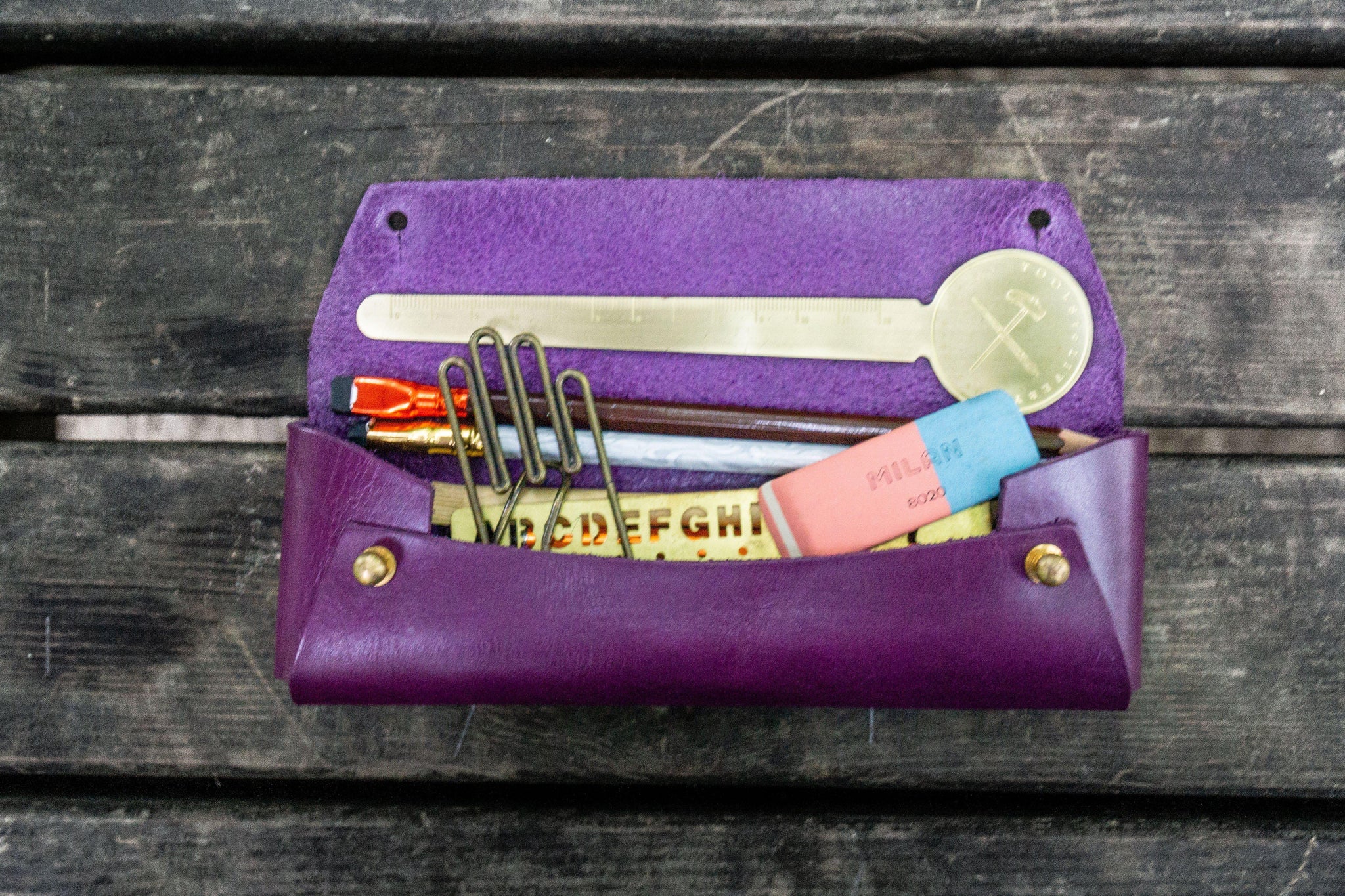 Linen Pencil Case Adult Pen Organizer Purple Brown Tartan Zippered