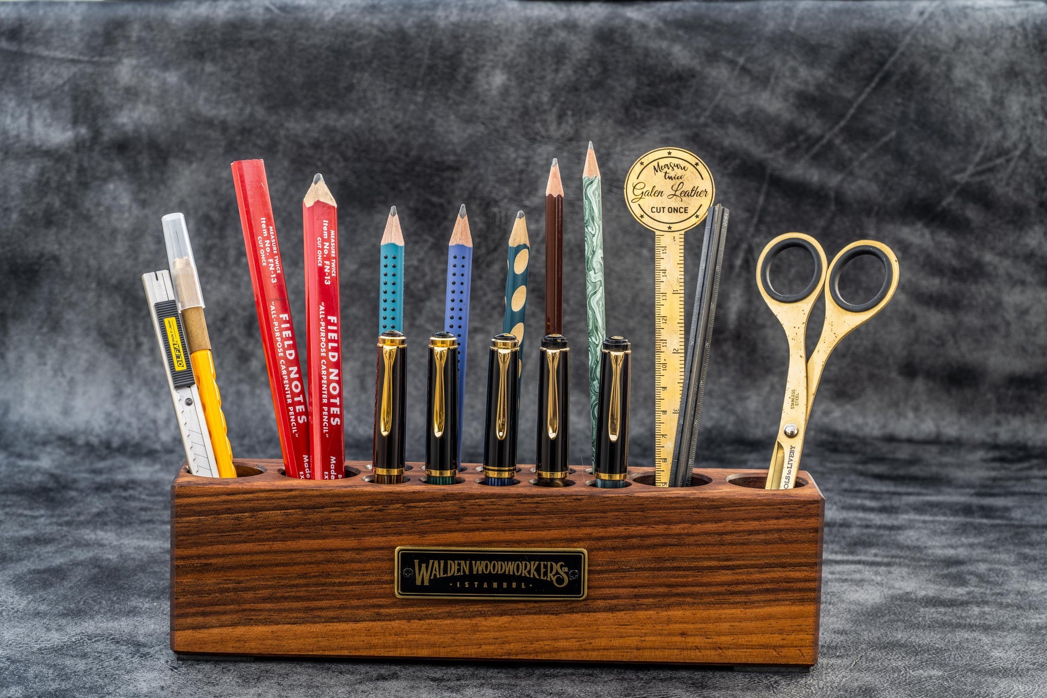 Wood Desk Organizer - Pen & Tool Holder - Walnut or Mahogany - Galen Leather