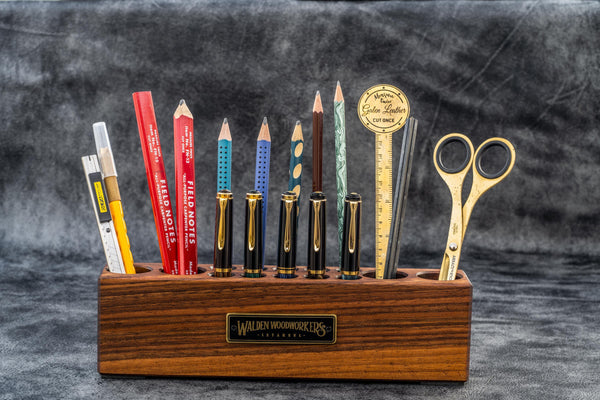 Mahogany Wood Desk Organizer & Pen Holder - Galen Leather