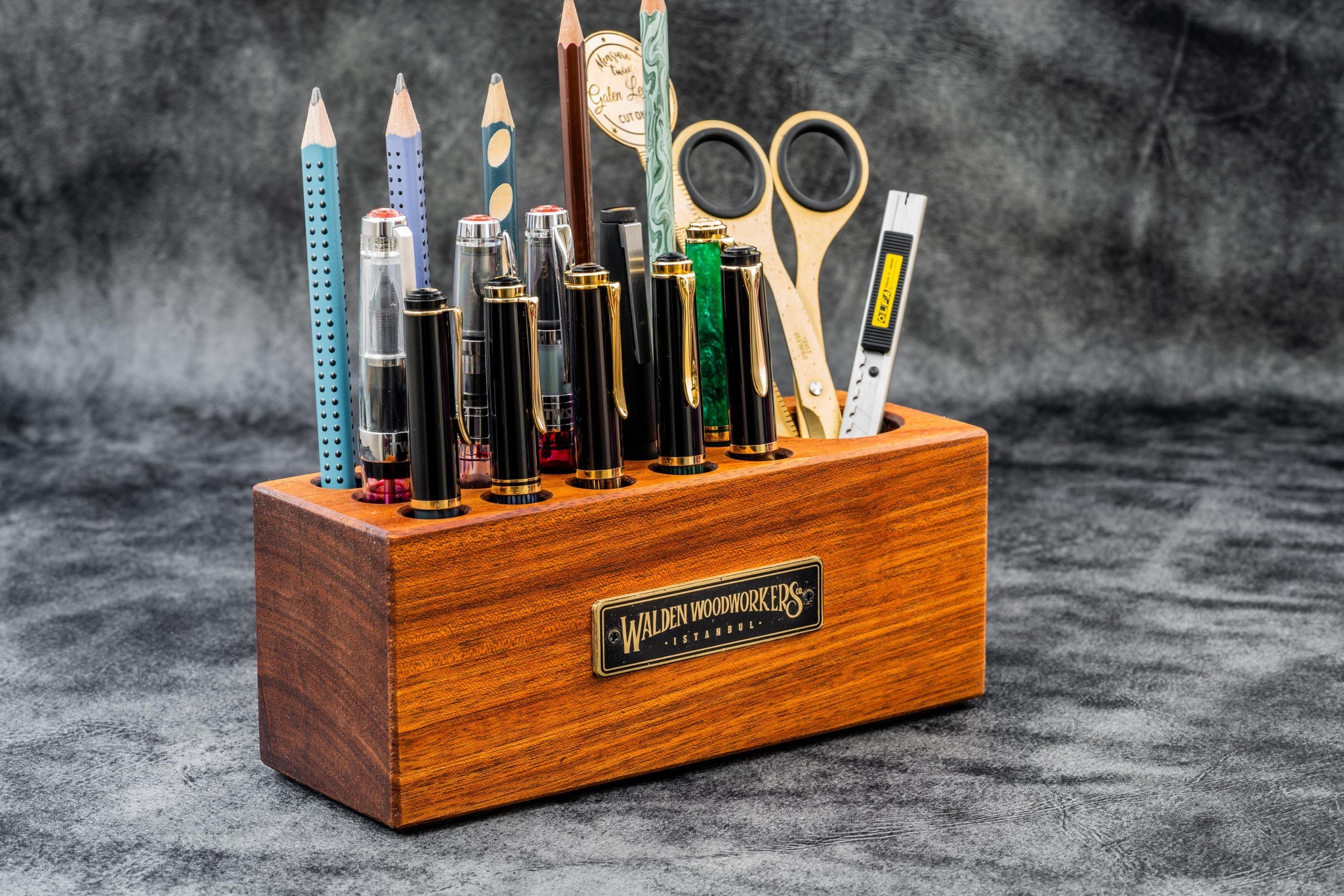 Mahogany Wood Desk Organizer & Pen Holder - Galen Leather