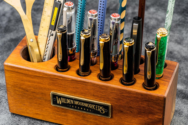 Mahogany Wood Desk Organizer & Pen Holder - Galen Leather